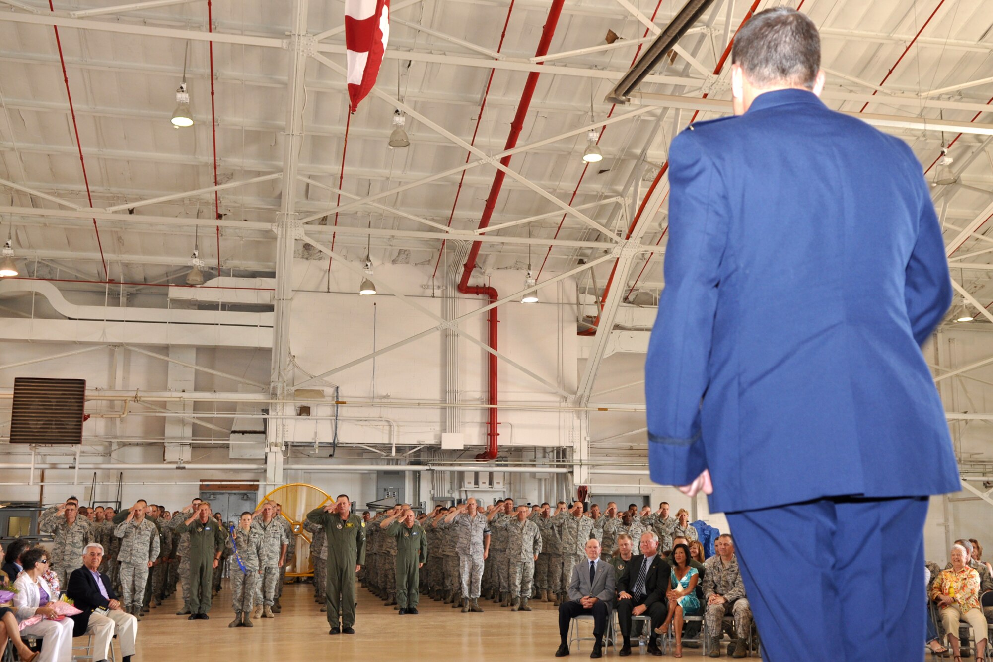 Colonel John Breazeale, commander, 917th Fighter Group, receives his first salute as a colonel from Lt. Col. James Macaulay, deputy commander, 917th FG, and the Airmen assigned to the group during promotion and assumption of command ceremonies held Friday, June 10, 2011, in the A-10 hangar at Barksdale Air Force Base, La. (U.S. Air Force photo/Tech. Sgt. Jeff Walston)