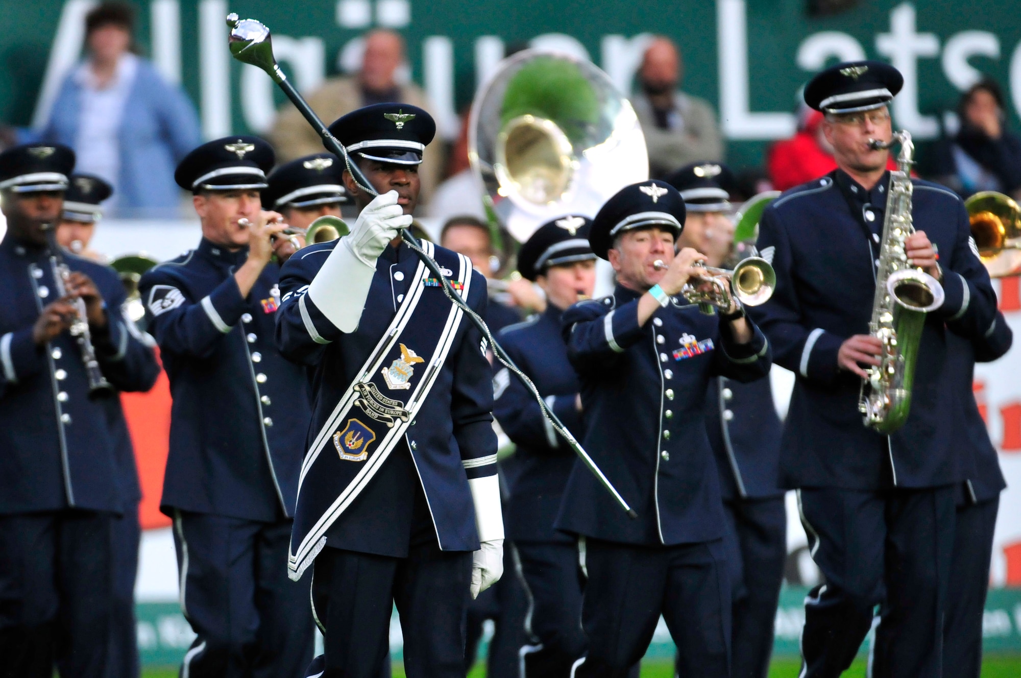 USAFE Band members perform four musical selections during the 22nd Annual NATO Musikfestival, Fritz-Walter Stadion, Kaiserslautern, Germany, June 11, 2011.  Military musicians and bands from seven different nations performed musical selections influenced by their nation's culture and individual music styles for a crowd of more than 8,000 during the fest.  (U.S. Air Force Photo by Tech. Sgt. Chenzira Mallory)