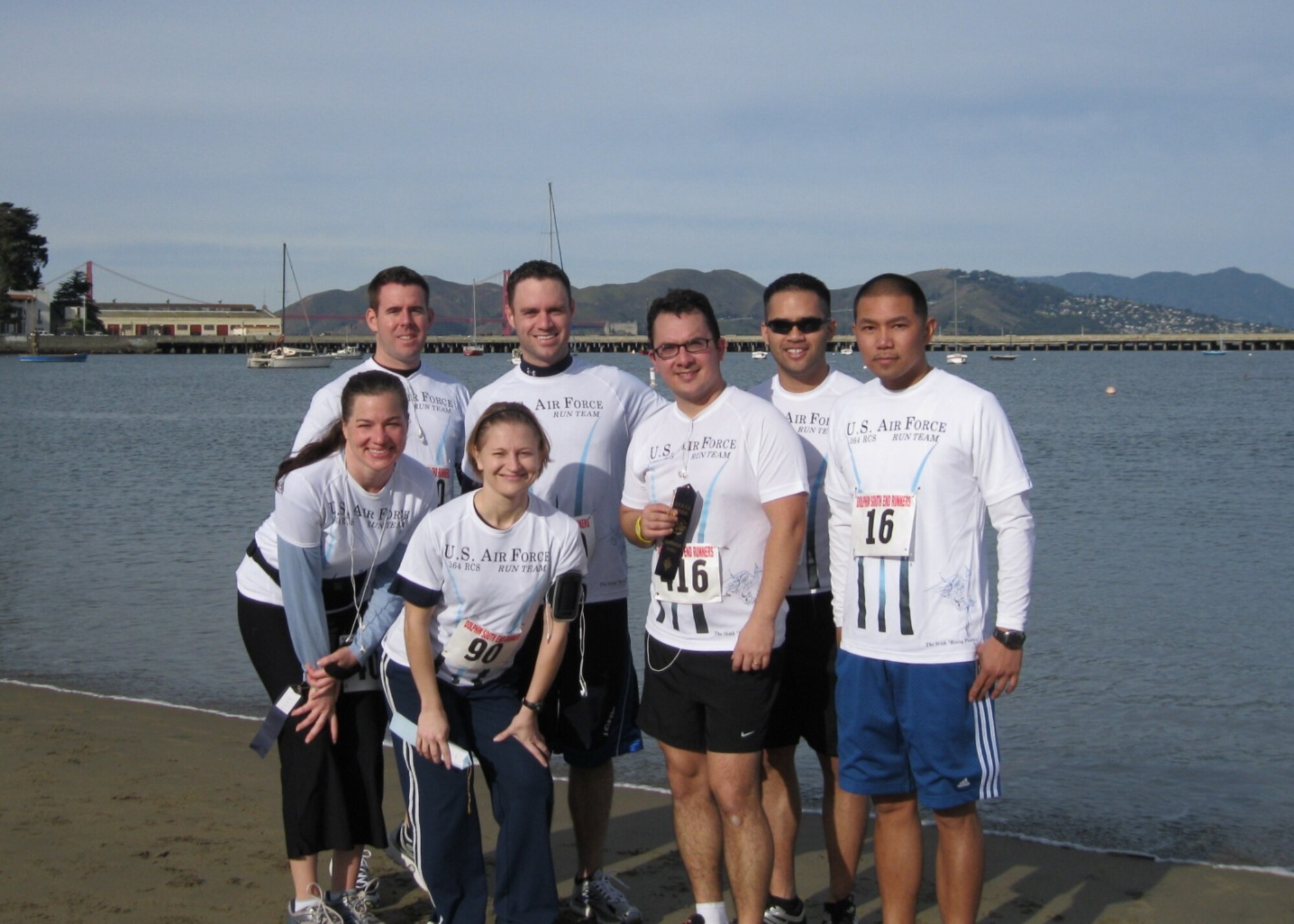 The 364th RCS run team at the San Francisco Charity Run (l-r): Master Sgt. Sutphen, Staff Sgt. Thornhill, Staff Sgt. Andrade-Borbor, Tech. Sgt. Johnson, Tech. Sgt. Ruiz, Staff Sgt. Manuel, TSgt Cayabyab. (USAF photo/courtesy photo)
