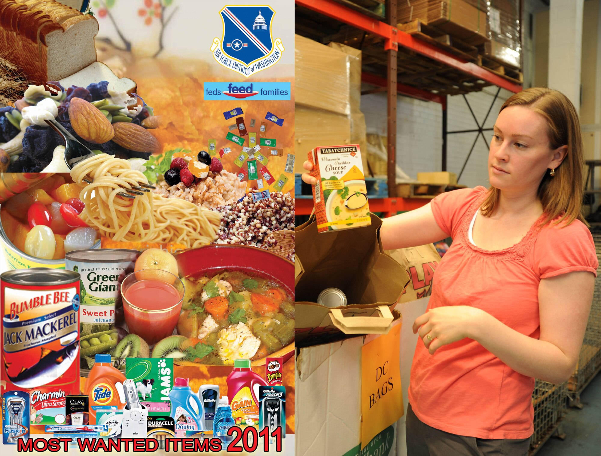 Capital Food Bank coordinator and blogger Molly McGlinchy demonstrates bags filled with donated goods which feed senior citizens throughout the National Capital Region. This year the Department of Defense is expected to collect over 700,000 pounds in donated hygiene products and non-perishable food items for the 2011 Feds Feed Families campaign. Of that total, the Air Force District of Washington has set the goal of 20,000 lbs, or 100 of the boxes labeled "Capital Foodbank" which will be increasingly available throughout Joint Base Andrews in the coming weeks. This year's campaign began June 1 and ends Aug. 31.(USAF Photo Illustration by Doileen Dolo and Benjamin Newell)