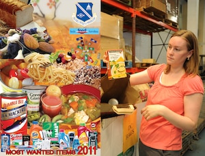 Capital Food Bank coordinator and blogger Molly McGlinchy demonstrates bags filled with donated goods which feed senior citizens throughout the National Capital Region. This year the Department of Defense is expected to collect over 700,000 pounds in donated hygiene products and non-perishable food items for the 2011 Feds Feed Families campaign. Of that total, the Air Force District of Washington has set the goal of 20,000 lbs, or 100 of the boxes labeled "Capital Foodbank" which will be increasingly available throughout Joint Base Andrews in the coming weeks. This year's campaign began June 1 and ends Aug. 31.(USAF Photo Illustration by Doileen Dolo and Benjamin Newell)