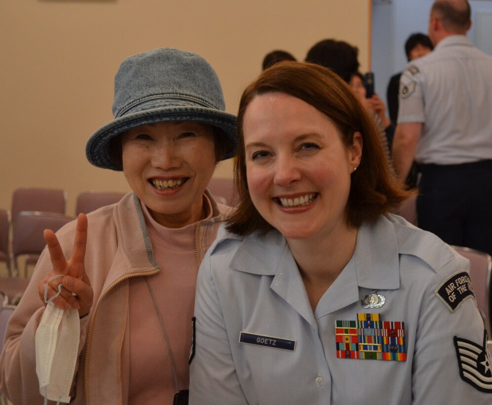 TSgt Paula Goetz and an appreciative audience member at Taro Town Welfare Center in Miyako City, Miyagi Prefecture in June 2011.