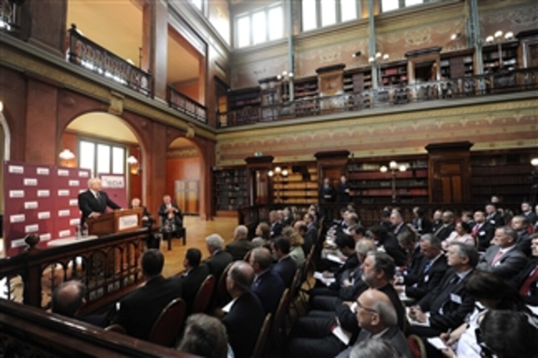 Secretary of Defense Robert M. Gates addresses the audience during a Security and Defense Agenda event at the Biblioteque Solvay in Brussels, Belgium, on June 10, 2011.  
