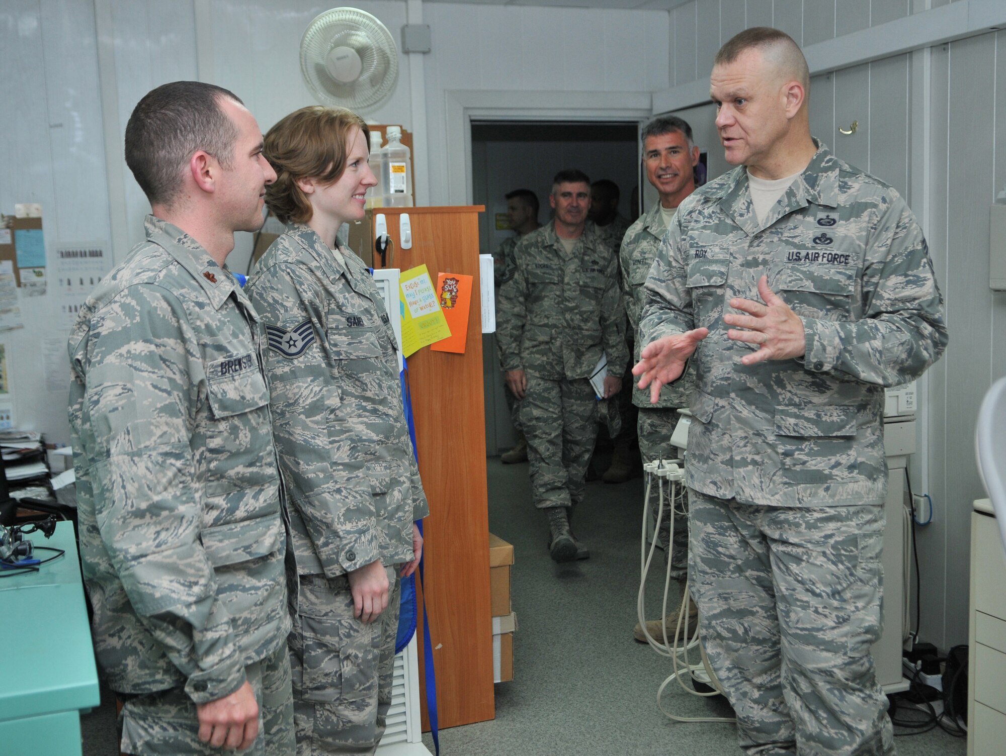 TRANSIT CENTER AT MANAS, Kyrgyzstan - Chief Master Sergeant of the Air Force James Roy visits here June 11 and takes a tour of the Transit Center. Chief Roy paid calls to many of the organizations, ate with the troops and ended the day with an "All Call" answering questions of interest to the Airmen attending (U.S. Air Force photo/Staff Sgt. Stacy Moless)