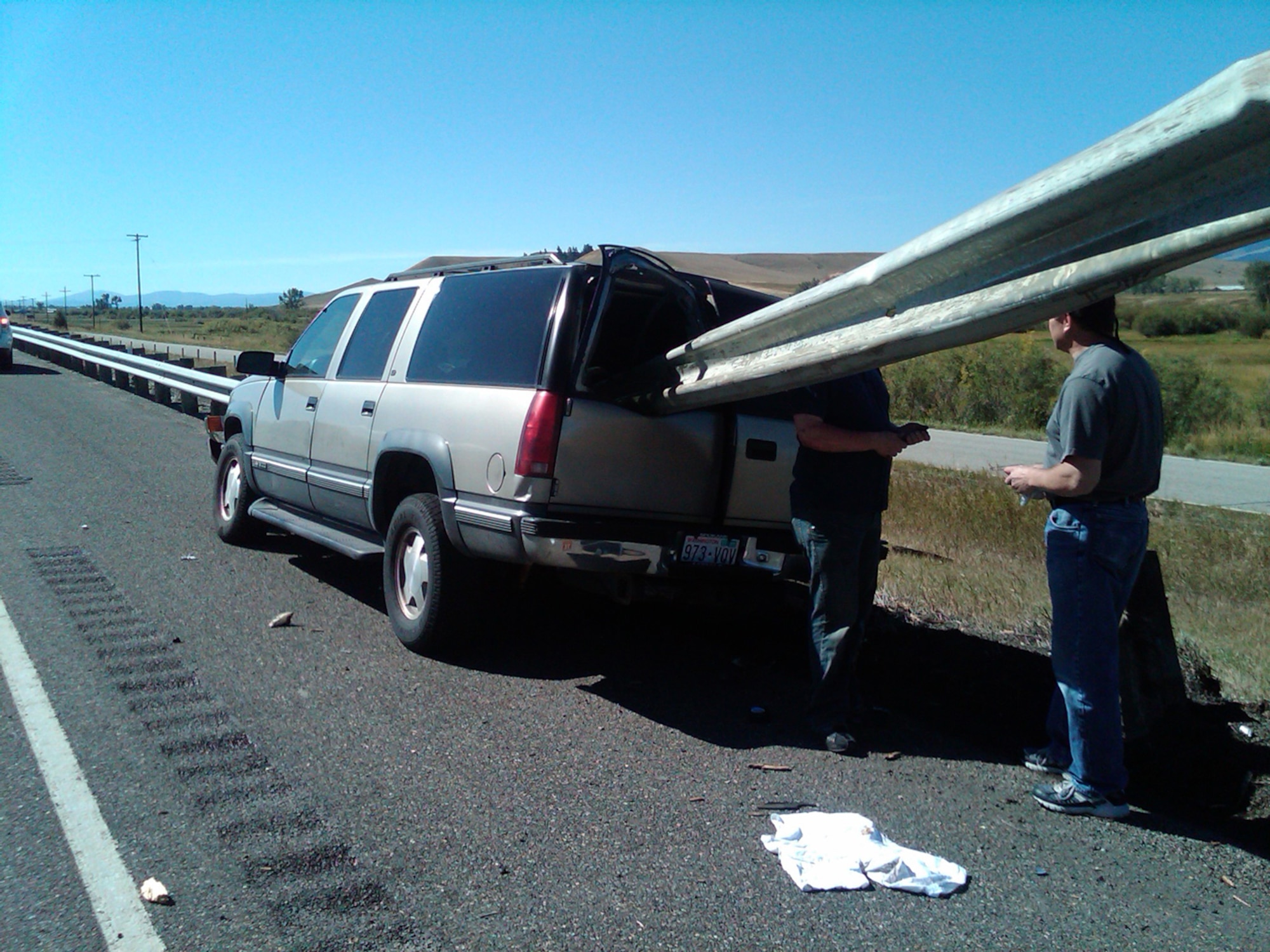 Narrowly missing the driver, nearly 120-feet of metal guardrail smashed through this sport utility vehicle when its driver fell asleep at the wheel.