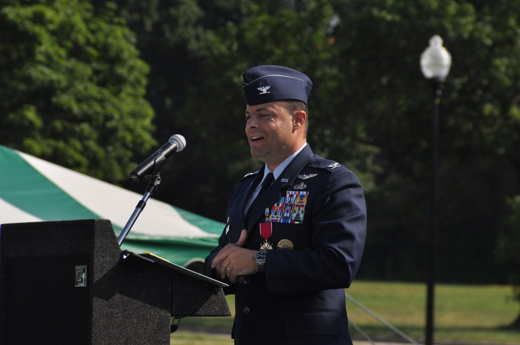 FORT GEORGE MEADE, Md. -- Col. Mark T. Damiano addresses the audience after
relinquishing command of the 70th Intelligence, Surveillance and Reconnaissance Group during a change of command ceremony at Fort George Meade, Md., June 8. Colonel Damiano will become the 58th commander of the historic 17th Training Wing during a 9 a.m. ceremony June 23 at the Goodfellow Parade Field. (Courtesy photo)