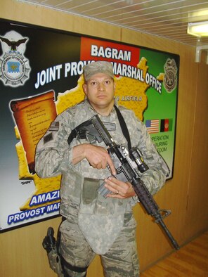 Master Sgt. Jason Seibel is pictured at Bagram Airfield, Afghanistan, on June 13, 2011. He is deployed from Fairchild Air Force Base, Wash., in support of Operation Enduring Freedom with the U.S. Army's 1st Calvary Division. He, along with other security forces is responsible for the security of more than 36,000 people. (U.S. Air Force Photo)