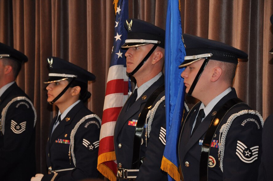 Members of the Connecticut Air National Guard 103rd Airlift Wing’s Base Honor Guard stand at attention during the 62nd annual Armed Forces Day Luncheon at the Aqua Turf Club in Southington May 20, 2011. (Photo by 2nd Lt. Emily Hein)