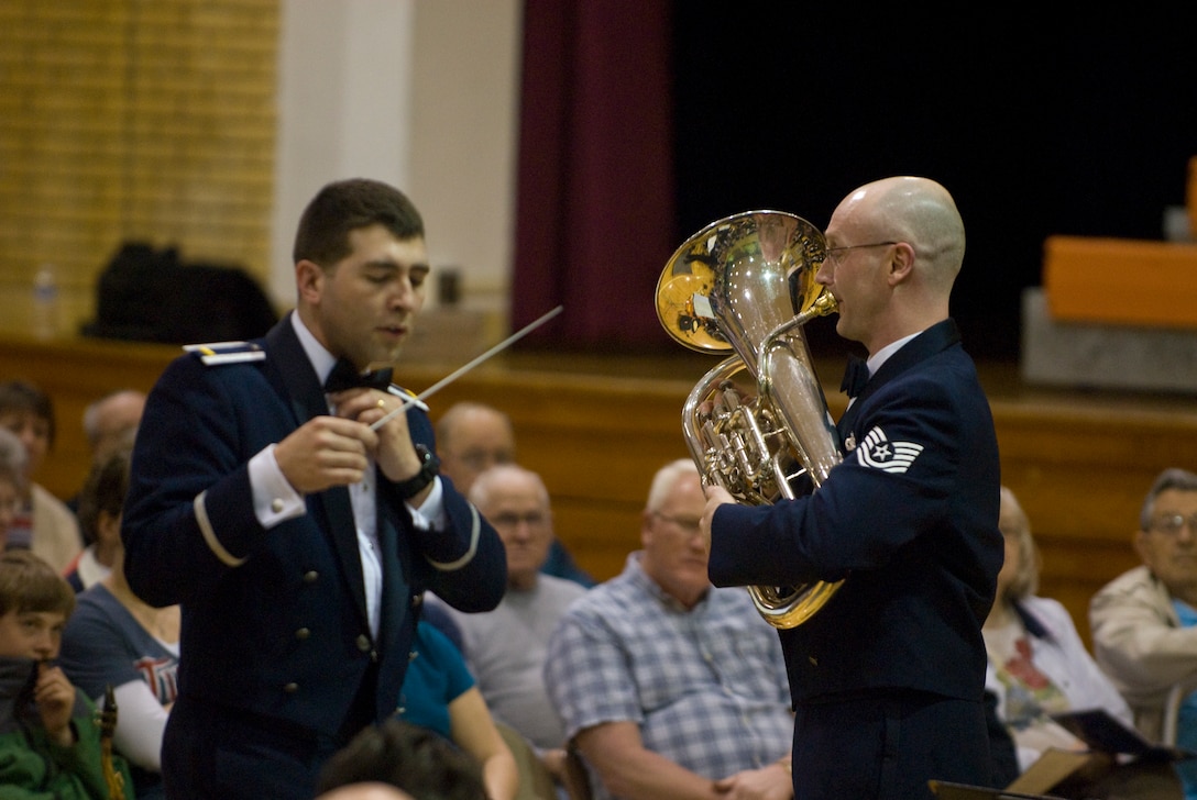 Tech. Sgt. Matthew Dunsmore and 2nd Lieutenant Daniel Boothe perform Curnow's "Rhapsody" for Euphonium and Wind Ensemble during a concert at Scherr-Howe Arena in Mobridge, SD on 5 May 2011.