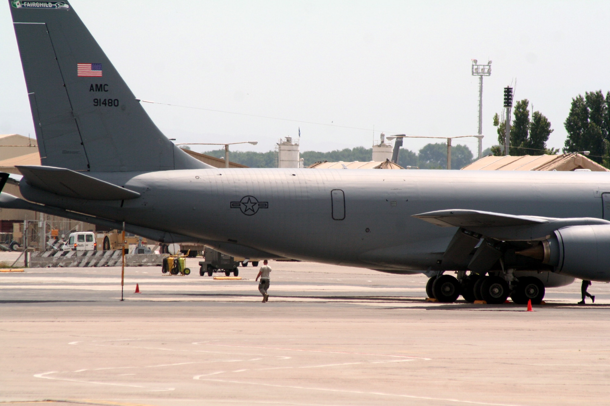 Aircraft maintenance Airmen assigned to the 376th Air Expeditionary Wing prepares KC-135R Stratotanker for a combat air refueling mission from the Transit Center at Manas, Kyrgyzstan, on June 7, 2011. The 376th AEW supports Operation Enduring Freedom and other operations in the U.S. Central Command area of responsibility. (U.S. Air Force Photo/Master Sgt. Scott T. Sturkol)
