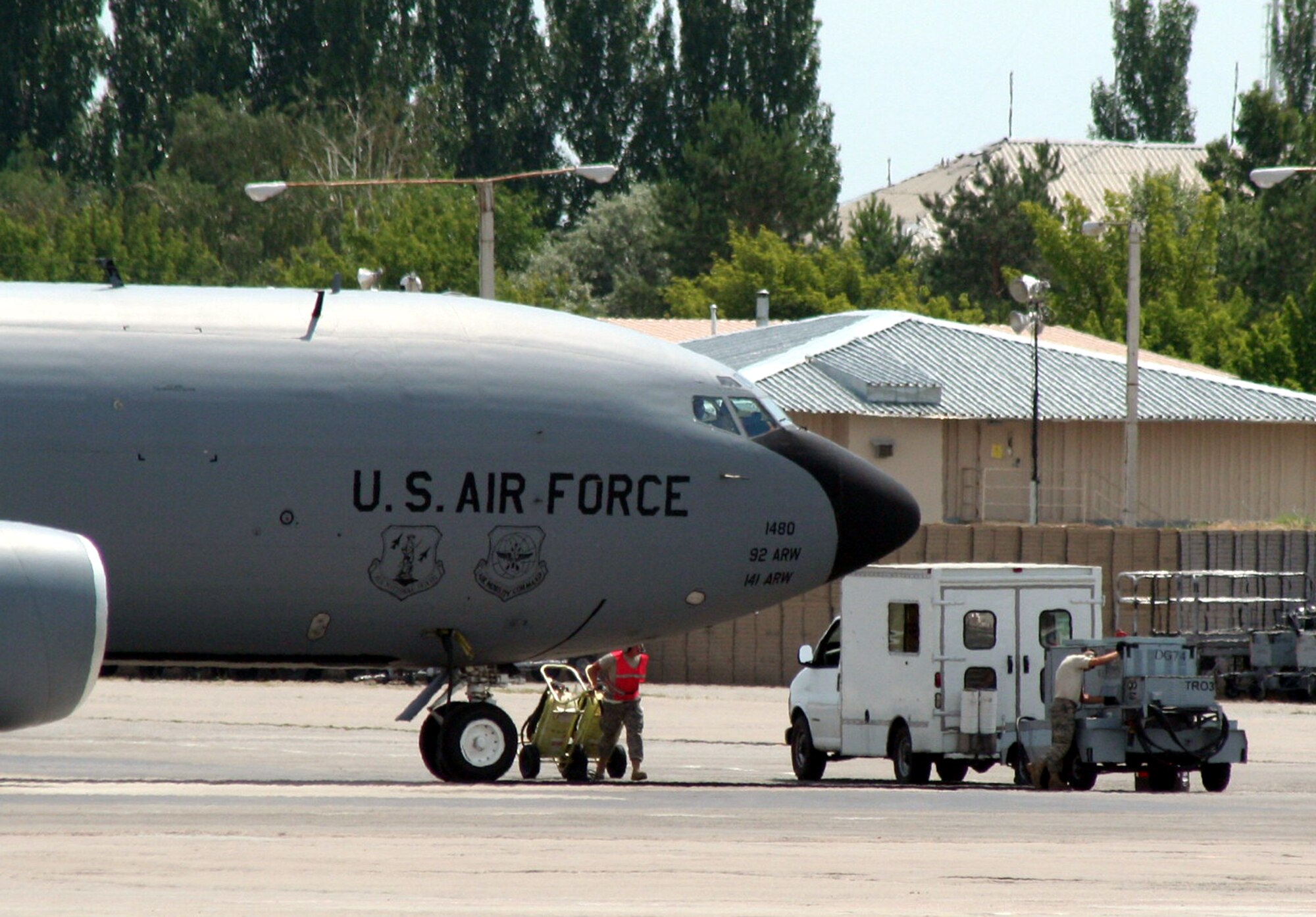 Aircraft maintenance Airmen assigned to the 376th Air Expeditionary Wing prepares KC-135R Stratotanker for a combat air refueling mission from the Transit Center at Manas, Kyrgyzstan, on June 7, 2011. The 376th AEW supports Operation Enduring Freedom and other operations in the U.S. Central Command area of responsibility. (U.S. Air Force Photo/Master Sgt. Scott T. Sturkol)
