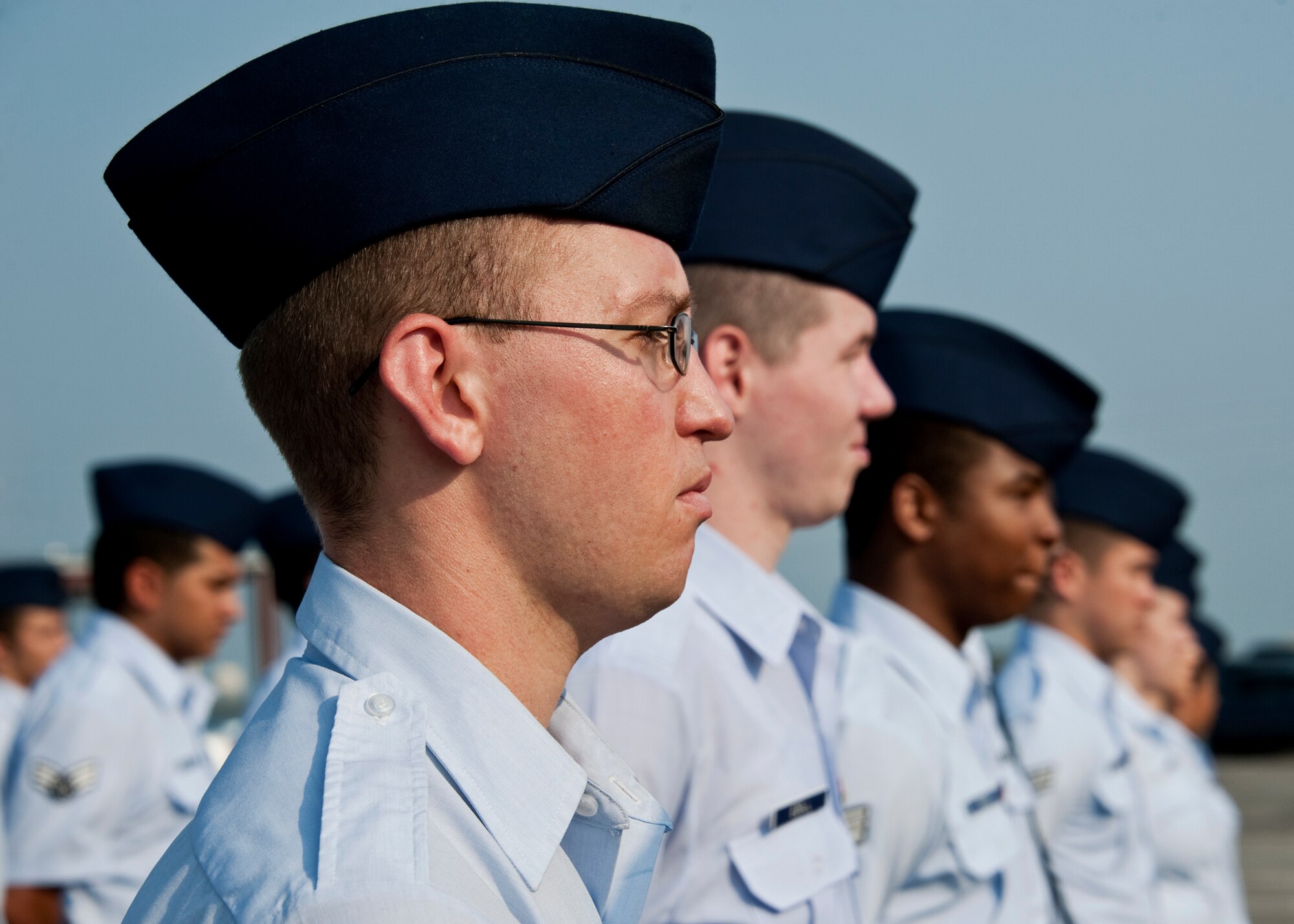 Senior Airmen “fall in” line prior to the morning Reveille ceremony at Eglin’s Airman Leadership School June 13.  ALS is a five-week-long Air Force program designed to develop Airmen into effective front-line supervisors.  It is the first professional military education enlisted Air Force members encounter. Eglin's schoolhouse hosts seven ALS classes per year.  Eglin was named Air Force Materiel Command's PME program of the year for 2009 and 2010. (U.S. Air Force photo/Samuel King Jr.)