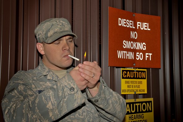 Department of Defense members should be aware of all designated smoking areas in order to avoid becoming complacent with obvious smoking restrictions on base. Moody Air Force Base offers a cessation program that provides multiple ways to kick the habit. If you make the decision to quit, call the Moody AFB Quit Line at 1-877-695-7848, or call 229-257-4255 for more information. (U.S. Air Force photo by Airman 1st Class Joshua Green/Released)
