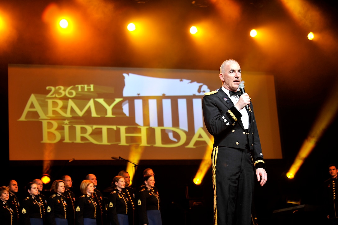 Army Deputy Chief of Staff Lt. Gen. Daniel P. Bolger thanks those who made the 236th U.S. Army Birthday Ball a success at the Gaylord National Resort and Convention Center in National Harbor, Md., June 11, 2011.
