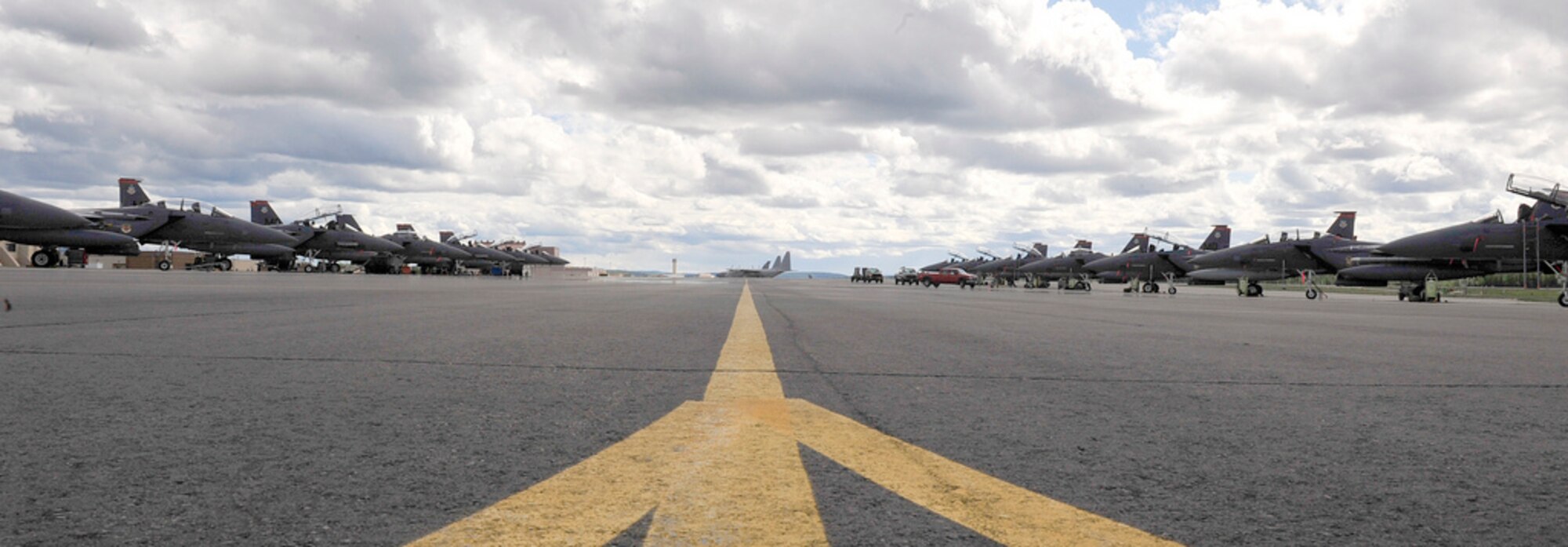 F-15 Eagles from varying units get spun up during the Northern Edge Premier Joint Training Exercise at Eielson Air Force Base, June 13.  Northern Edge is the largest military training exercise scheduled in Alaska this year. (U.S. Air Force photo/ Staff Sgt. Lakisha A. Croley)