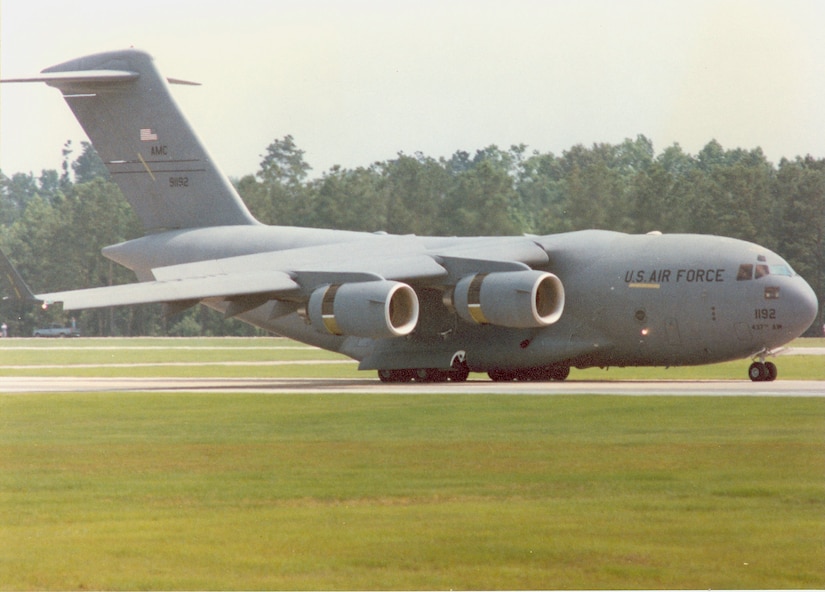 The first operational C-17, ‘The Spirit of Charleston’, lands on runway 15-33 at approximately 10:45 a.m. June 14, 1993, on Charleston Air Force Base. The U.S Air Force Chief of Staff, Gen. Merrill McPeak, delivered the aircraft to the 437th Airlift Wing.  (USAF Photo)