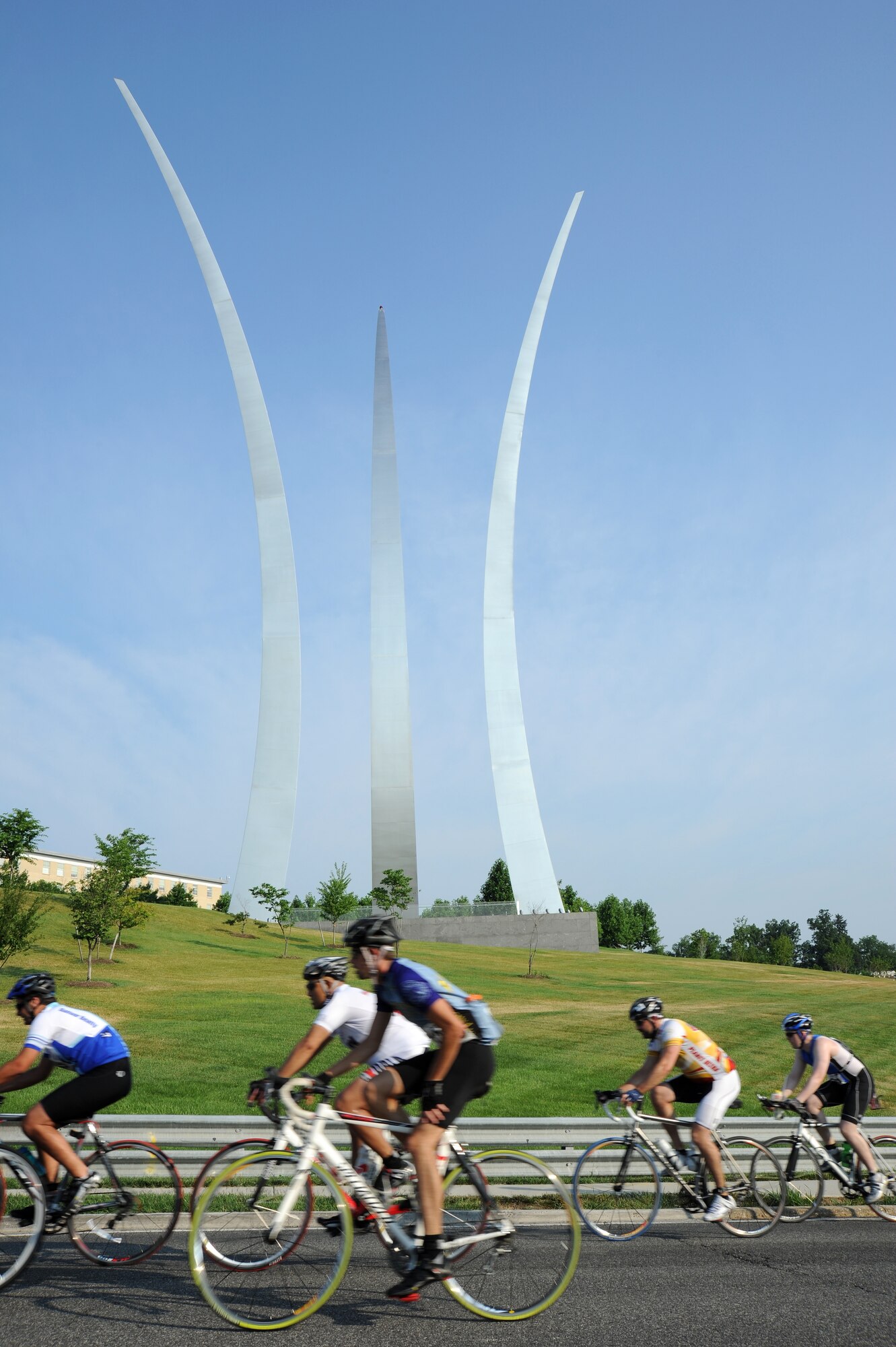 The Crystal Ride Challenge, a 12.5 kilometer course open to both professional and non-professional riders, began at both the Crystal City start line and the Air Force Memorial start line and included a scenic view of the memorial itself, Northern Virginia, June 12, 2011. More than 1,600 cyclists registered to ride in the Crystal Ride Challenge. Many riders in the event participated for fun and fitness; other competitors rode as teams to raise money for charity. (U.S. Air Force photo by Master Sgt. Tracy L. DeMarco) (Released)