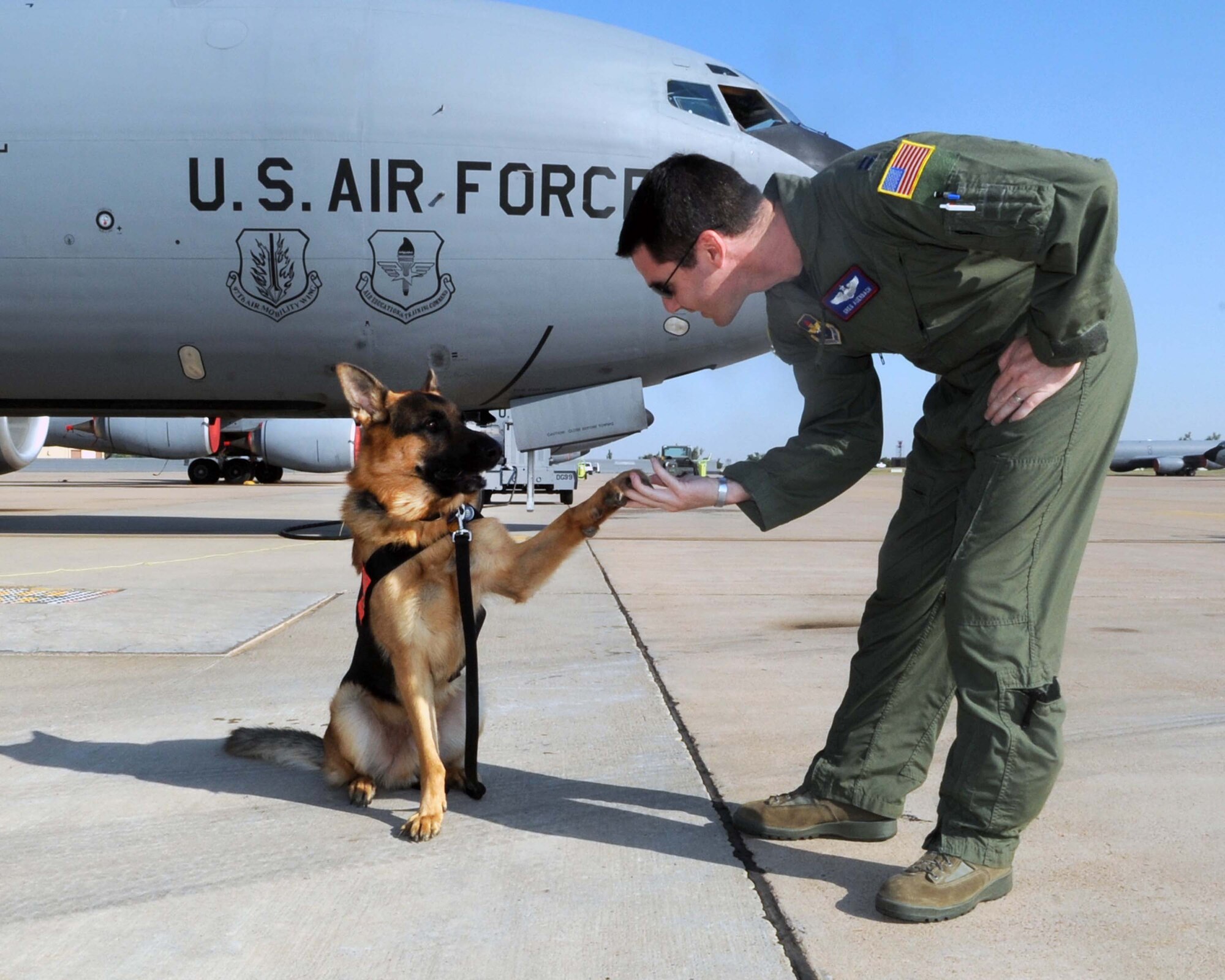 ALTUS AIR FORCE BASE, Okla. – Ronnie, Search and Rescue K-9 German Sheppard, gives his owner, Capt. Greg Auerbach, 54th Air Refueling Squadron KC-135 Stratotanker instructor pilot, a high five while playing on the flight line June 15, 2011. Capt. Auerbach and Ronnie were one of three K-9 Search and Rescue handler volunteer teams from the Central Oklahoma Search and Rescue that found the body of the missing Piedmont, Okla. boy May 26, 2011. Capt. Auerbach devotes more than 200 hours a year to training to be a volunteer search and rescue K-9 handler. (U.S. Air Force photo by Senior Airman Leandra D. Stepp / 97th Air Mobility Wing Public Affairs / Released)
