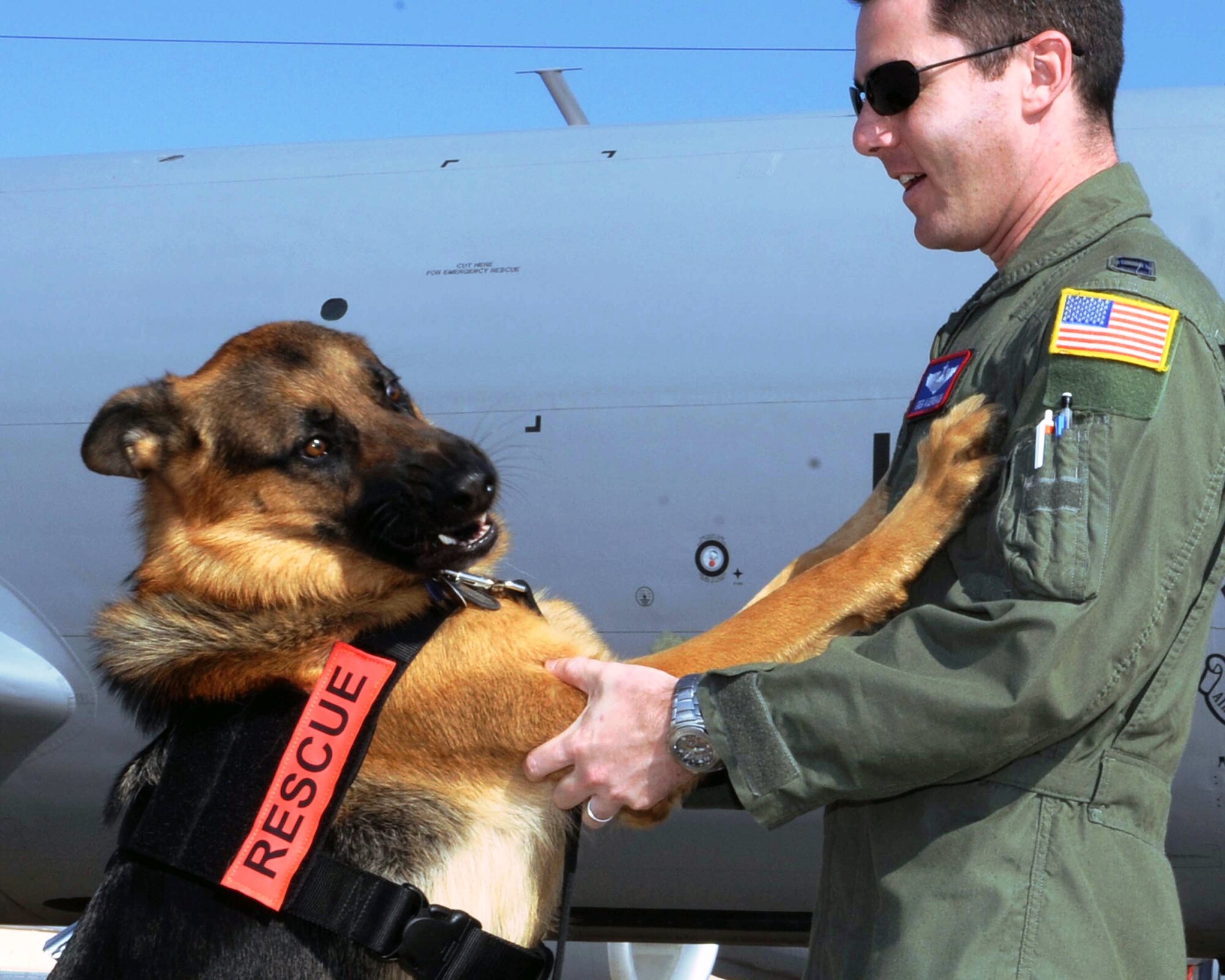 ALTUS AIR FORCE BASE, Okla. – Capt. Greg Auerbach, 54th Air Refueling Squadron KC-135 Stratotanker instructor pilot, and his Search and Rescue K-9 German Sheppard, Ronnie, play on the flight line June 15, 2011. Capt. Auerbach and Ronnie were one of three K-9 Search and Rescue handler volunteer teams from the Central Oklahoma Search and Rescue that found the body of the missing Piedmont, Okla. boy May 26, 2011. Capt. Auerbach has been involved with search and rescue for 17 years, eight of those spent prior to joining the Air Force. He did not become a K-9 handler until 2009 while he was stationed at McConnell Air Force Base, Kansas. (U.S. Air Force photo by Senior Airman Leandra D. Stepp / 97th Air Mobility Wing Public Affairs / Released)