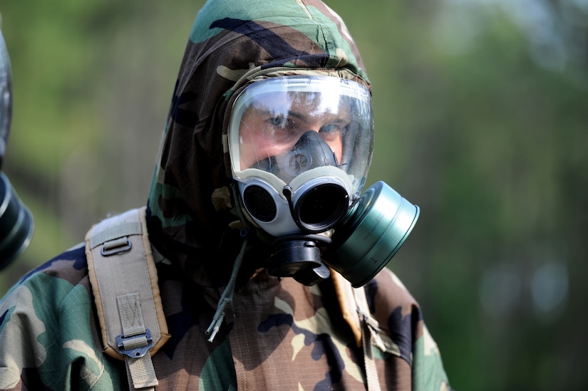 Senior Master Sgt. Kevin Kloeppel gets ready to participate in the exercise portion of the Chemical Biological Radiological Nuclear and high yield Explosive training at Joint Base Charleston, June 9.  The CBRNE course teaches Airmen how to survive and operate in hazardous environments. Sergeant Kloeppel is the 15 Airlift Squadron Superintendent.  (U.S. Air Force photo/ Staff Sgt. Nicole Mickle)