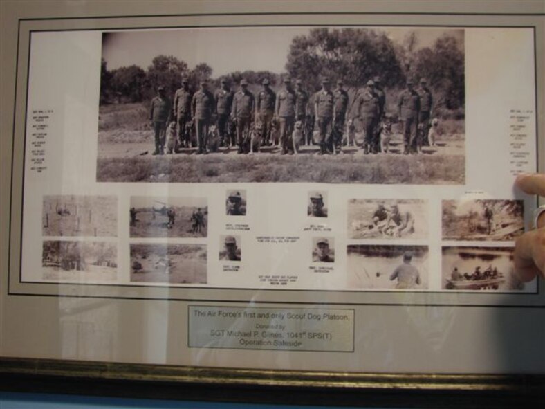 A plaque dedicated to the 1041st Security Police Squadron (test) scout dog section hangs on the wall of the 820th Base Defense Group building at Moody Air Force Base, Ga. Former Sgt. Michael Glines was one of 15 members of the first and only scout dog platoon in the Air Force. (Courtesy photo)
