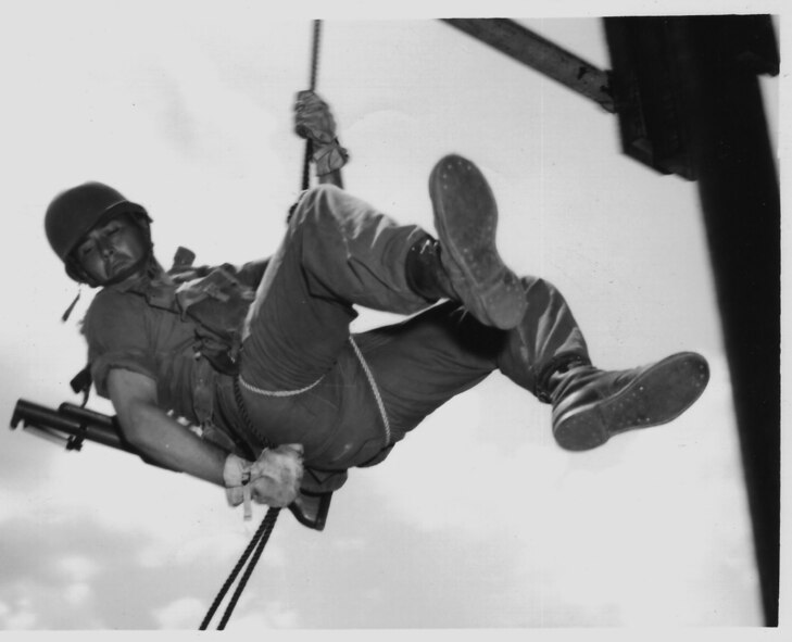 A young, now-retired Master Sgt. Bill Revell practices repelling as part of his Ranger skills in the late 1960s. Sergeant Revell joined the Air Force in 1950 and retired in 1977 after serving 26 years. (Courtesy photo)