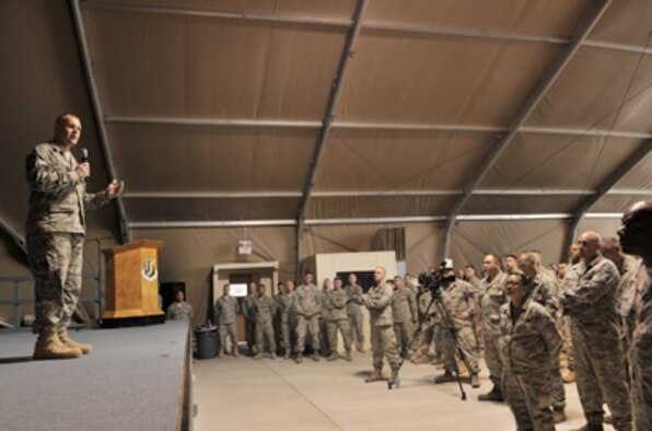 Chief Master Sergeant of the Air Force James A. Roy speaks to Airmen June 11, 2011, at the Transit Center at Manas, Kyrgyzstan. (U.S. Air Force photo/Staff Sgt. Stacy Moless)