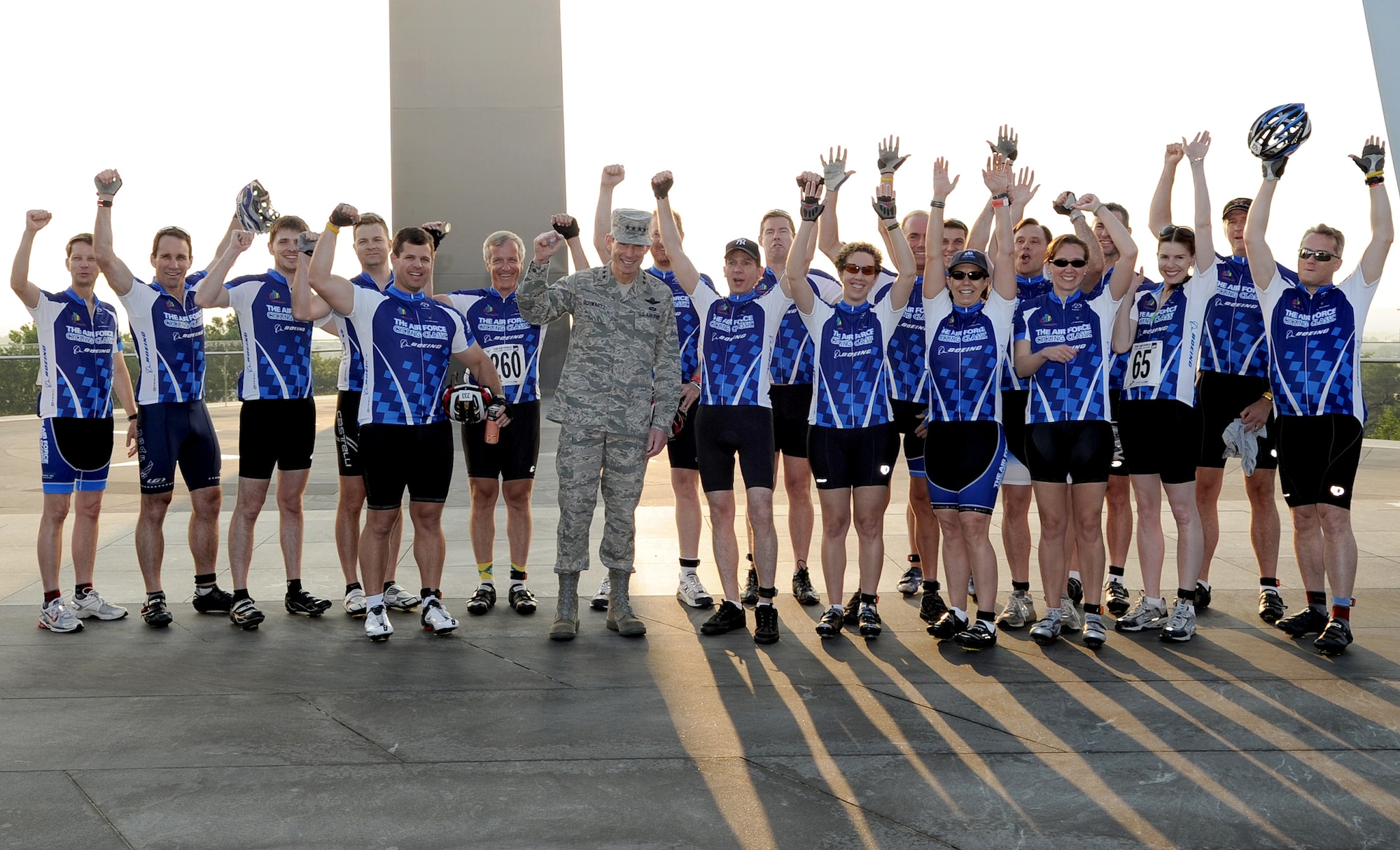 Air Force Chief of Staff Gen. Norton Schwartz stands with members of Team Sabre at the Air Force Memorial in Arlington, Va., June 12, 2011, before the start of the Air Force Cycling Classic’s Corporate/Team Challenge Ride. The Air Force Cycling Classic is an annual two-day event to promote fitness and raise funds.  This year the Air Force Aid Society received $20,000 raised by Team Sabre riders participating in the corporate ride. (U.S. Air Force photo/Master Sgt. Tracy L. DeMarco)