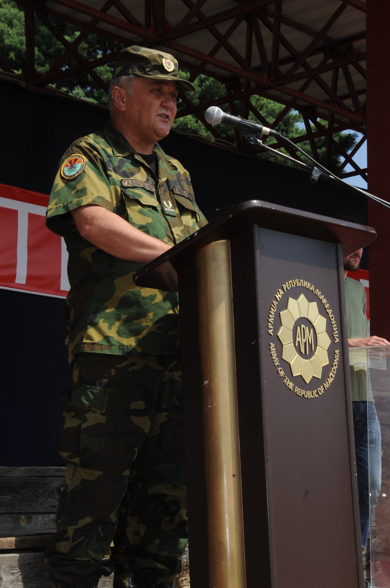 CAMP PEPELISHTE, Macedonia ? Brig. Gen. Kiro Galazovski, Republic of Macedonia Joint Operative Forces of Army deputy commander, concludes the 2011 Medical Training Exercise in Central and Eastern Europe June 15. An annual Chairman of the Joint Chiefs of Staff-sponsored regional and multilateral exercise, MEDCEUR is designed to provide medical training and operational experience in a deployed environment for U.S. and partner nations. The countries participating in this year's MEDCEUR are Macedonia, Montenegro, Bosnia and Herzegovina, Serbia, Slovenia and Norway. (U.S. Air Force photo/Staff Sgt. Nadine Y. Barclay)