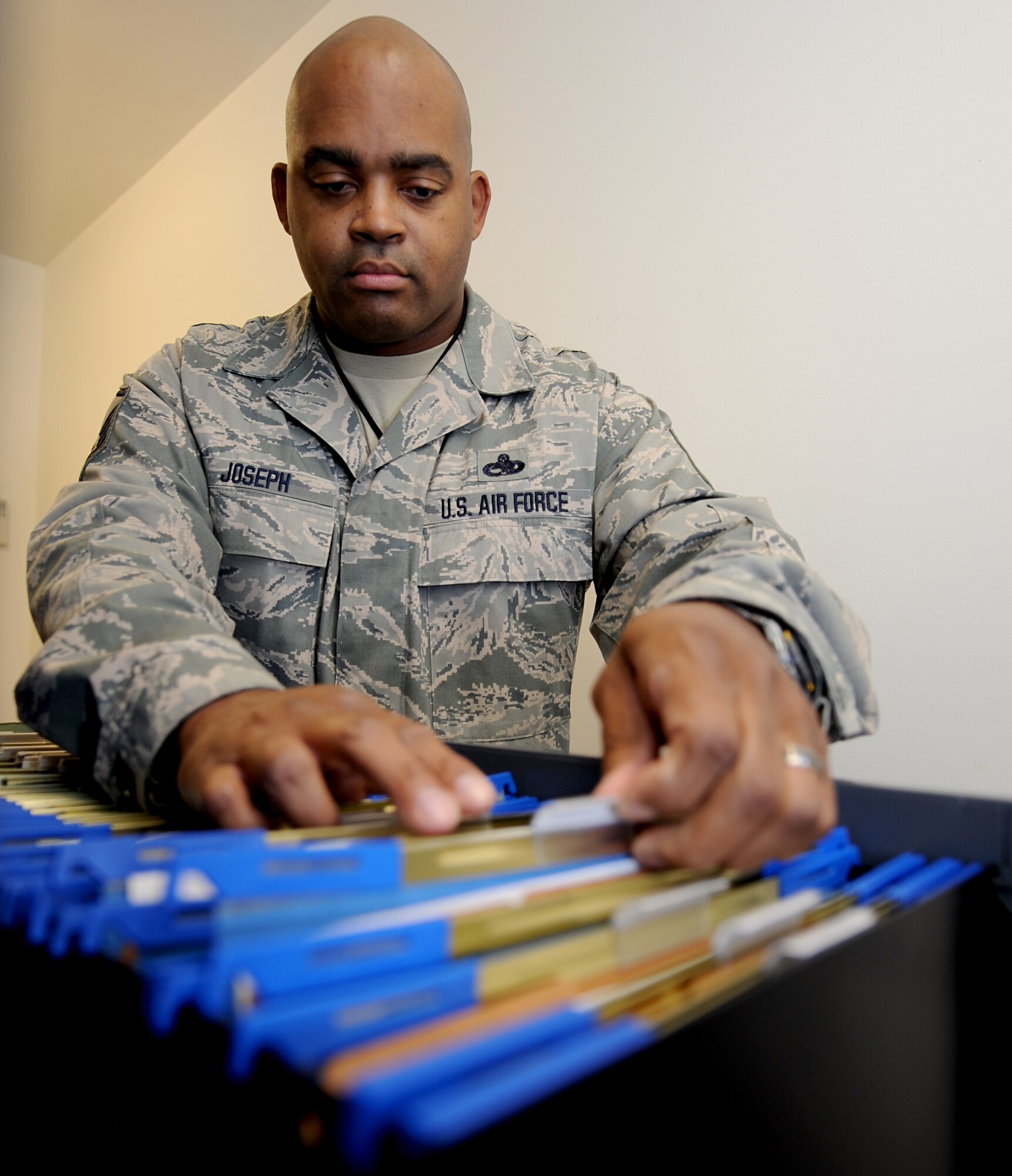 Master Sgt. William Joseph, 1st Maintenance Operations Squadron Wing Plans & Documentation superintendent, performs vital tasks that led to his win of Air Combat Command Scheduler of the Year for 2010, the highest honor for any scheduler. Sergeant Joseph’s most notable accomplishments included spearheading the deployment plan for approximately 10 F-22 Raptors, enabling a 100-percent quality assurance pass rate and completing 36 hours of ongoing education. (U.S. Air Force photo by Airman 1st Class Teresa Cleveland/Released)