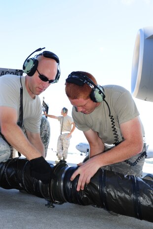 Tech. Sgt. Travis Pyle and Senior Airman Darrik Ostrander connect an air conditioning cart to a C-17 aircraft in preparation for Rodeo practice on Joint Base Charleston June 10. Both Airmen are assigned to the 437th Aircraft Maintenance Squadron and are members of the 437th Airlift Wing 2011 Air Mobility Command Rodeo team. U.S. Air Force photo/Tech. Sgt. Chrissy Best)

