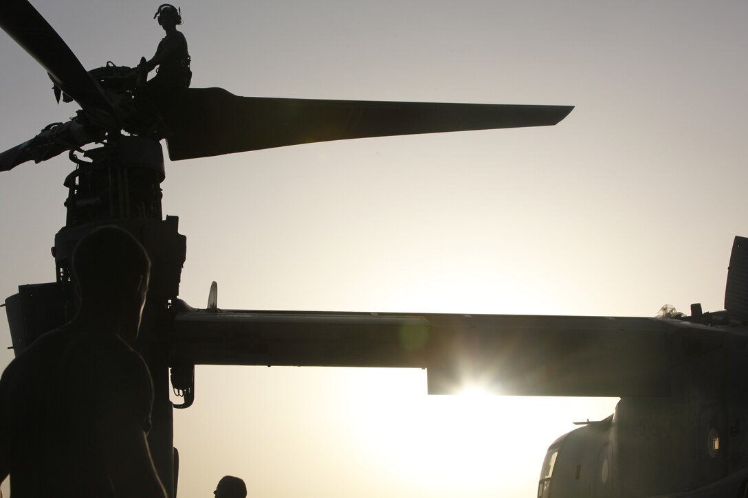 Marines from Marine Medium Tiltrotor Squadron 264 perform maintenance on an MV-22B Osprey in VMM-264’s hangar at Camp Bastion, Afghanistan, June 16. In 2007, the Osprey began replacing the CH-46 Sea Knight, which had been in service since 1962, with providing assault support and transport for the Marine Corps.