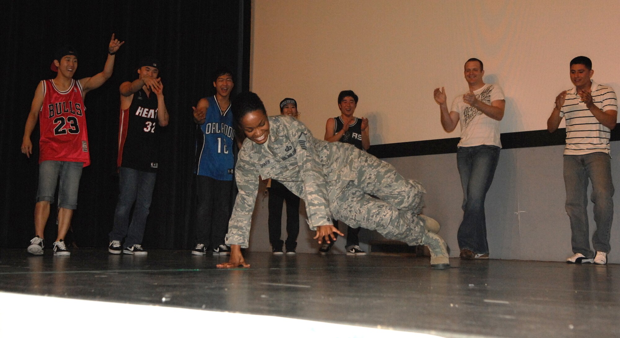 KUNSAN AIR BASE, Republic of Korea -- Wolf Pack members took the stage to prove their skills as ‘Last for One’ judged their performance before all in attendance at Last for One’s show here June 14. The show, which lasted for about an hour, was the group’s first presentation for a military audience. Last for One is well-known for their Korean heritage on a world-class scale. (Photo courtesy/Republic of Korea Air Force)