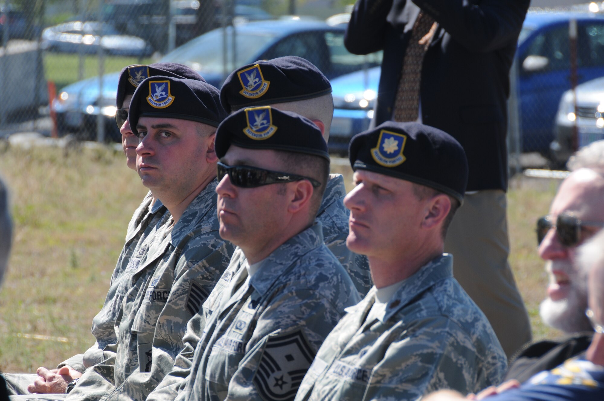 Members of the 173rd Security Forces Squadron listen during the ground breaking ceremony for the Joint Armed Forces Reserve Center (JAFRC) June 9, 2011 at Kingsley Field, Klamath Falls, Ore.  When completed the building will house the 173rd Security Forces Squadron and Charlie Troop, 1-82nd Cavalry, Oregon Army National Guard.  (U.S. Air Force Photo by Tech. Sgt Jennifer Shirar) RELEASED