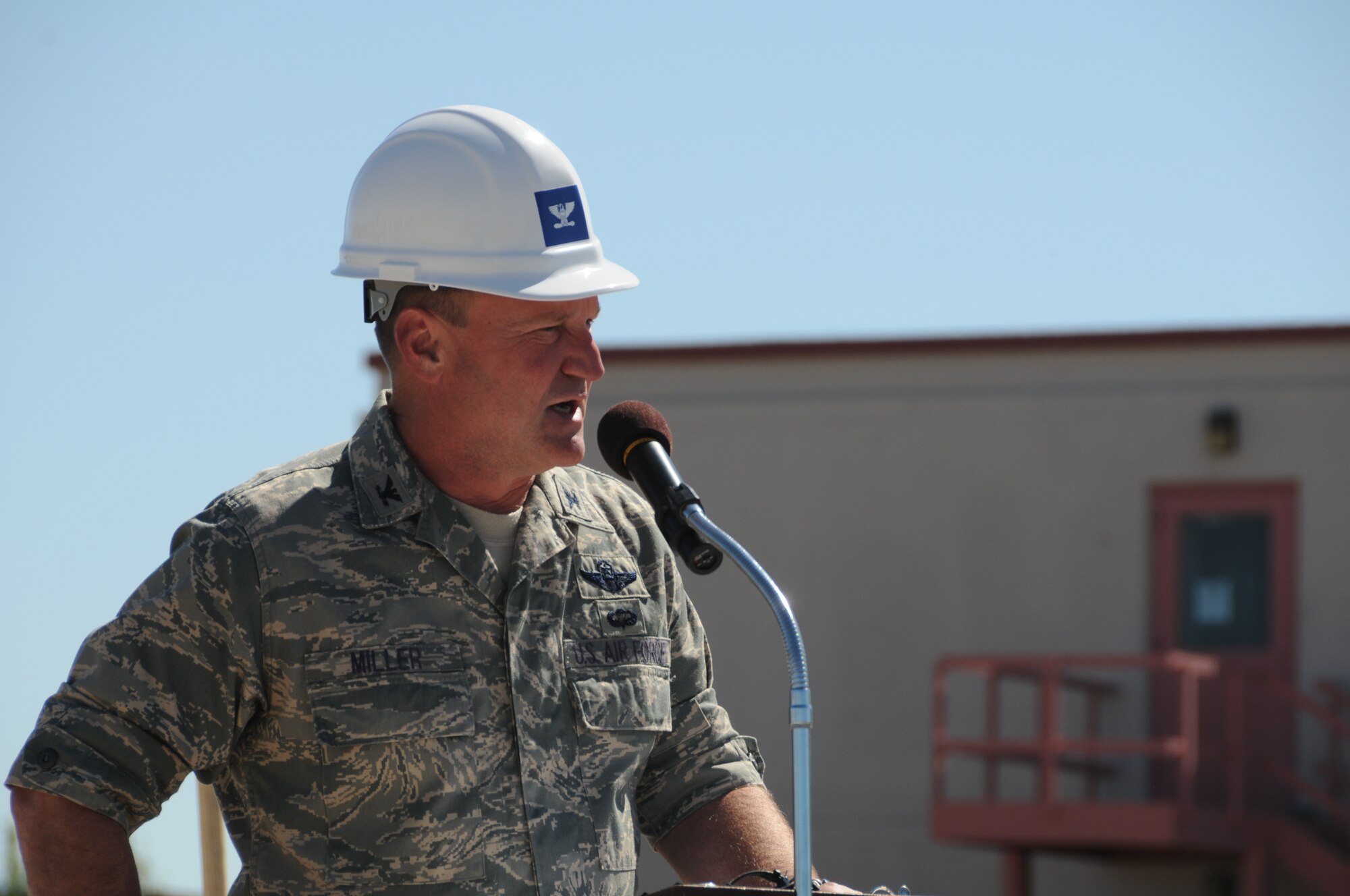 Col. James Miller, 173rd Fighter Wing Commander, speaks about the significance of Joint Armed Forces Reserve Center (JAFRC) June 9, 2011 at Kingsley Field, Klamath Falls, Ore. during the ground breaking ceremony for the JAFRC.  When completed the building will house the 173rd Security Forces Squadron and Charlie Troop, 1-82nd Cavalry, Oregon Army National Guard.  (U.S. Air Force Photo by Tech. Sgt Jennifer Shirar) RELEASED