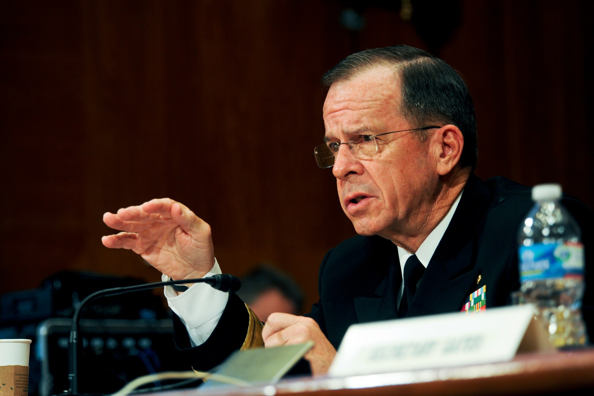 Navy Adm. Mike Mullen, chairman of the Joint Chiefs of Staff, testifies at the U.S. Senate Appropriations Committee's defense subcommittee on Capitol Hill in Washington, D.C., June 15, 2011. (Defense Department photo/Tech. Sgt. Jacob N. Bailey)