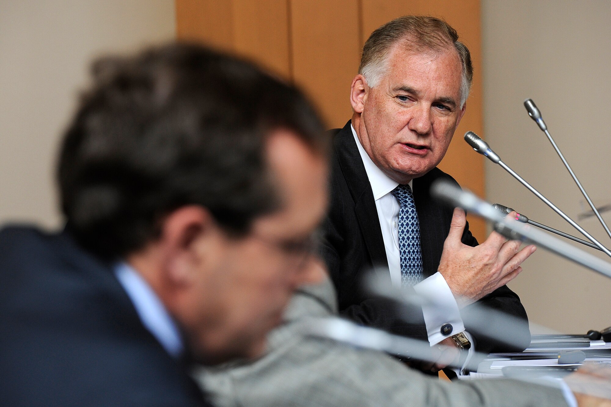 Deputy Secretary of Defense William J. Lynn answers a question from one of the participants of the 28th International Workshop on Global Security in Paris, France, on June 16, 2011.  Defense and industry leaders from across Europe are meeting to discuss evolving challenges to include cyber security.  (Defense Department photo/ Terry Mitchell)