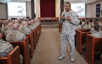 Chief Master Sgt. Kenneth Williams, Air Force Basic Military Training superintendent, talks to zero week basic trainees May 20 at the Gateway Chapel. (U.S. Air Force photo/Robbin Cresswell)