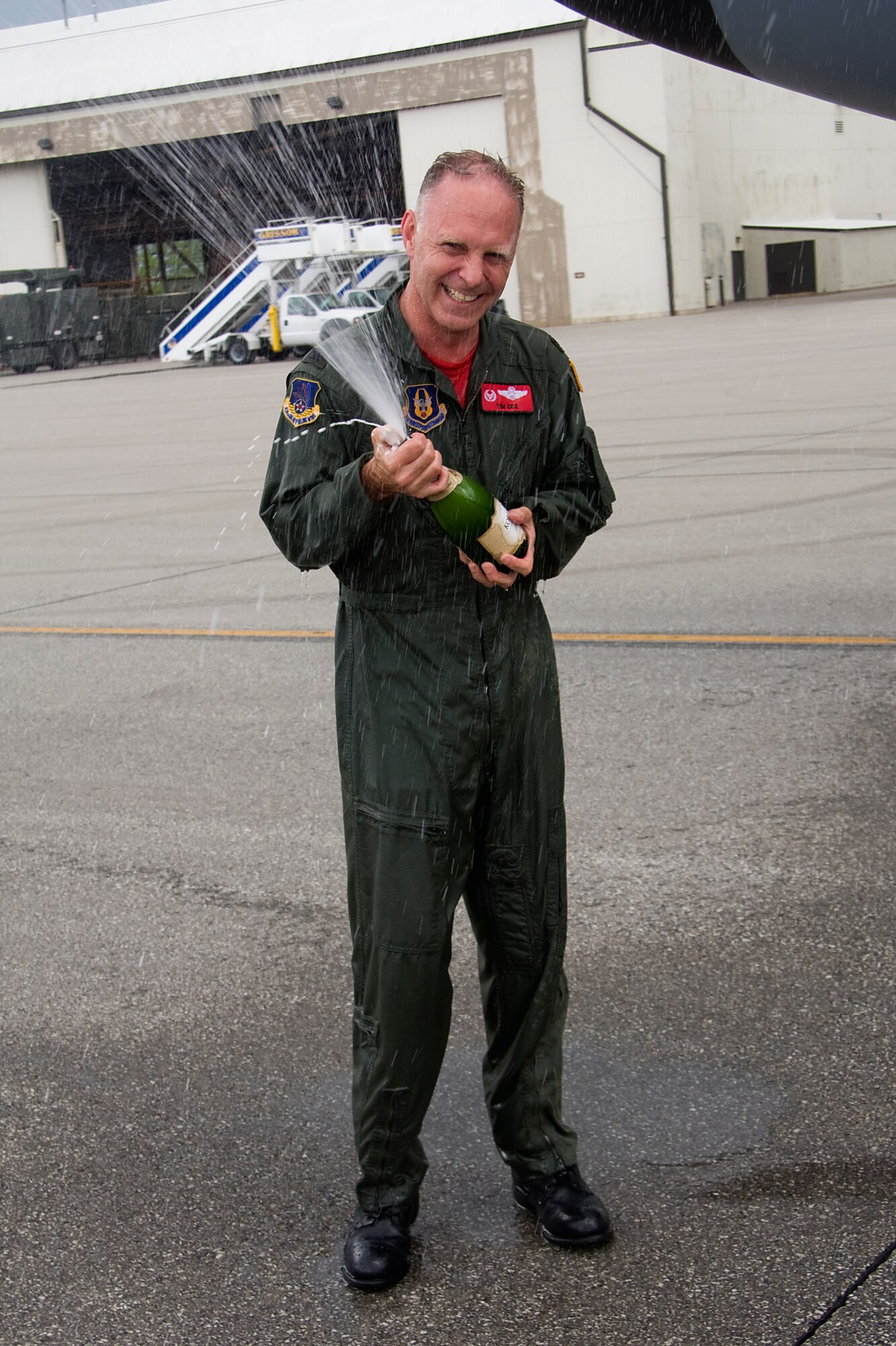 GRISSOM AIR RESERVE BASE, Ind. -- Col. Tim Cox, 434th Air Refueling Wing vice commander, celebrates after completing his final flight as an Air Force pilot May 13. Colonel Cox retired from the Air Force Reserve after 30 years of military service. (U.S. Air Force photo/Tech. Sgt. Mark R. W. Orders-Woempner) 
