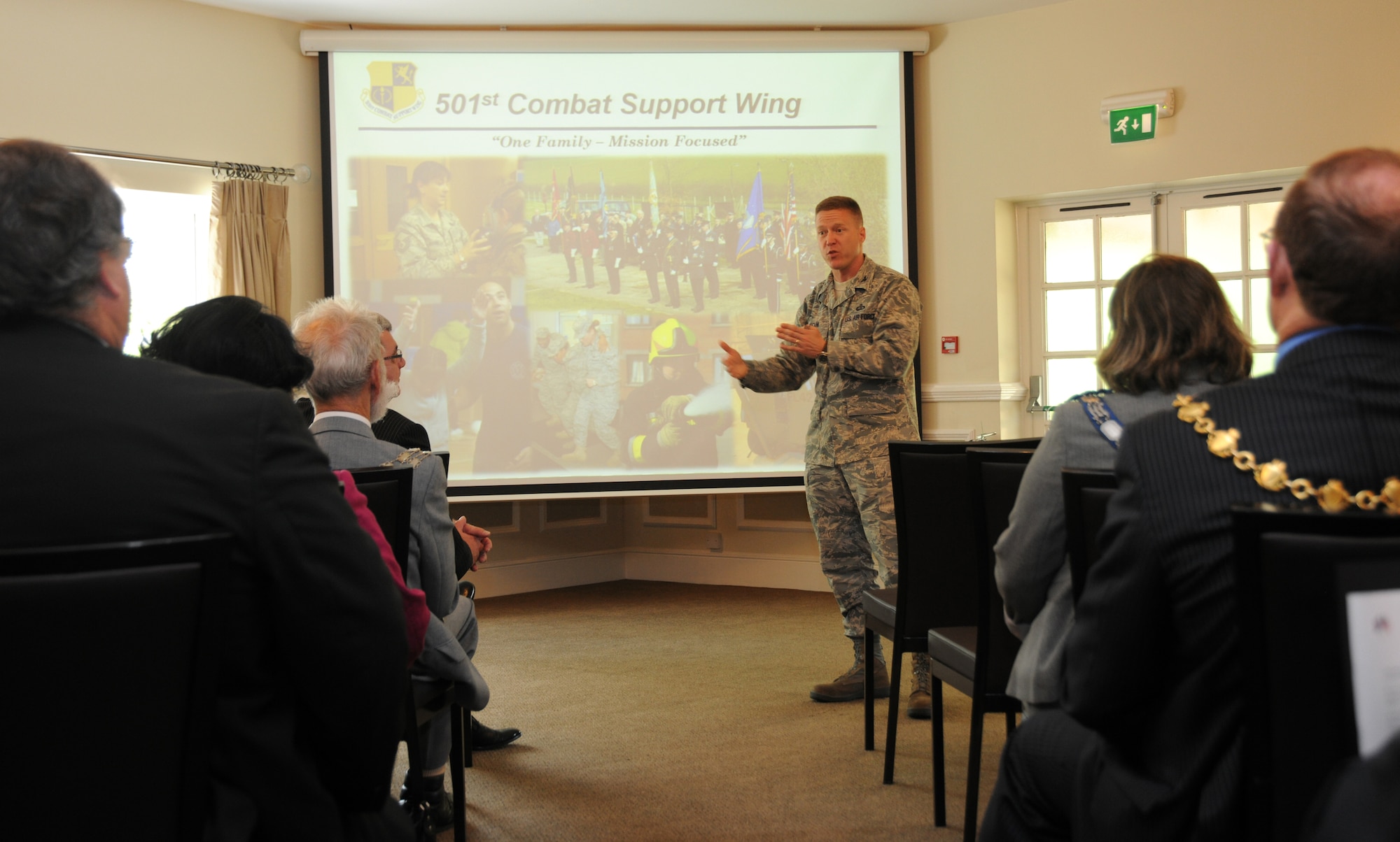 Col. Jeff Yocum, 501st Combat Support Wing vice commander, answers a question during the RAF Alconbury Civic Leaders Tour June 16. Colonel Yocum explained the role of the 501st CSW to local civic leaders to enhance their awareness of the U.S. visiting force presence in the tribase area, as well as their economic impact in the communities. (U.S. Air Force photo/1st Lt. Brian Maguire)