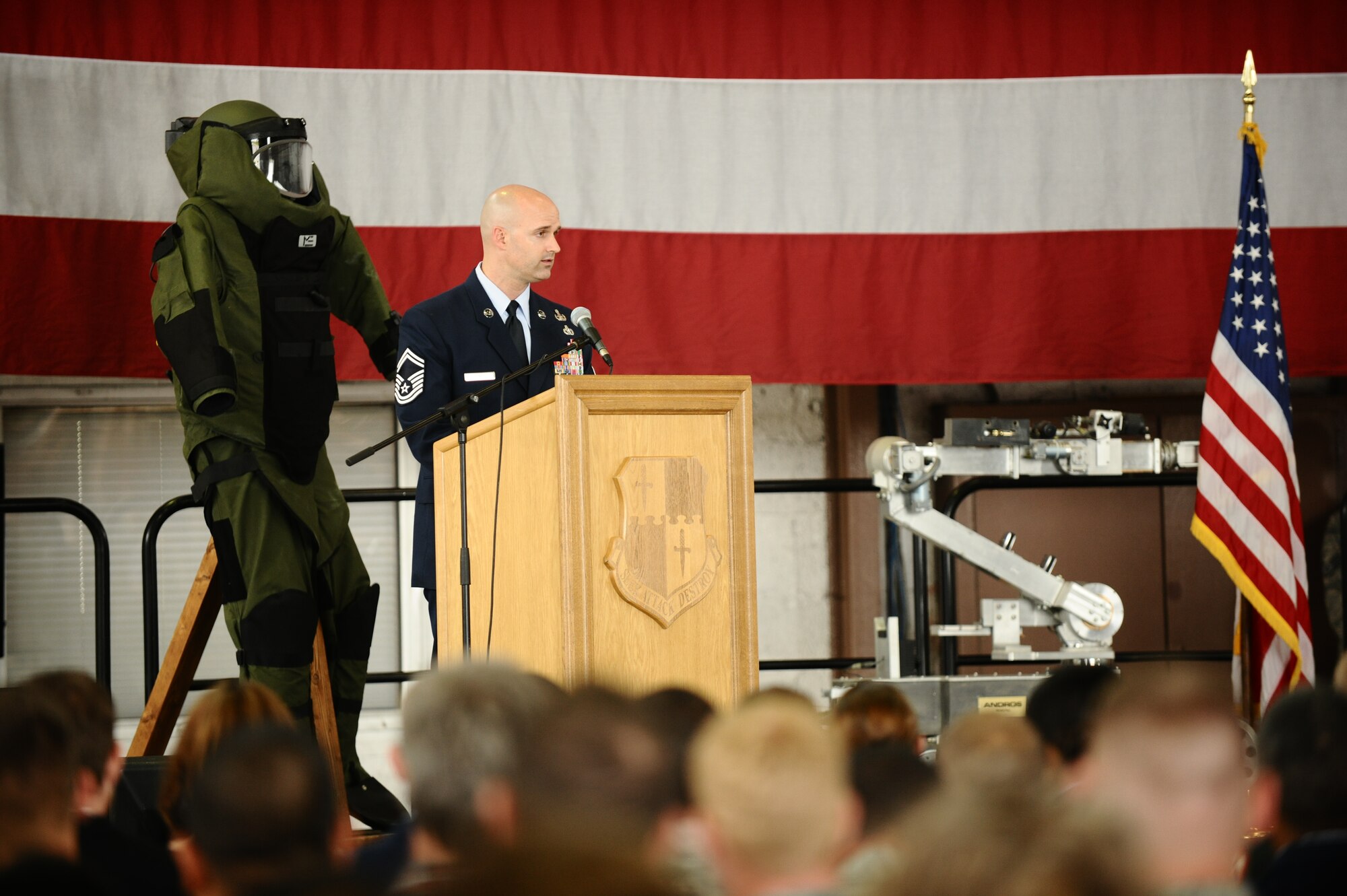 SPANGDAHLEM AIR BASE, Germany – Senior Master Sgt. Neil Jones, 52nd Civil Engineer Squadron Explosive Ordnance Disposal Flight, speaks during the memorial service for Staff Sgt. Joseph J. Hamski, 52nd CES EOD Flight, held here June 16. Sergeant Hamski was killed in action May 26, 2011, in Shorabak, Afghanistan, while responding to a known enemy weapons cache. (U.S. Air Force photo/Senior Airman Nathanael Callon)