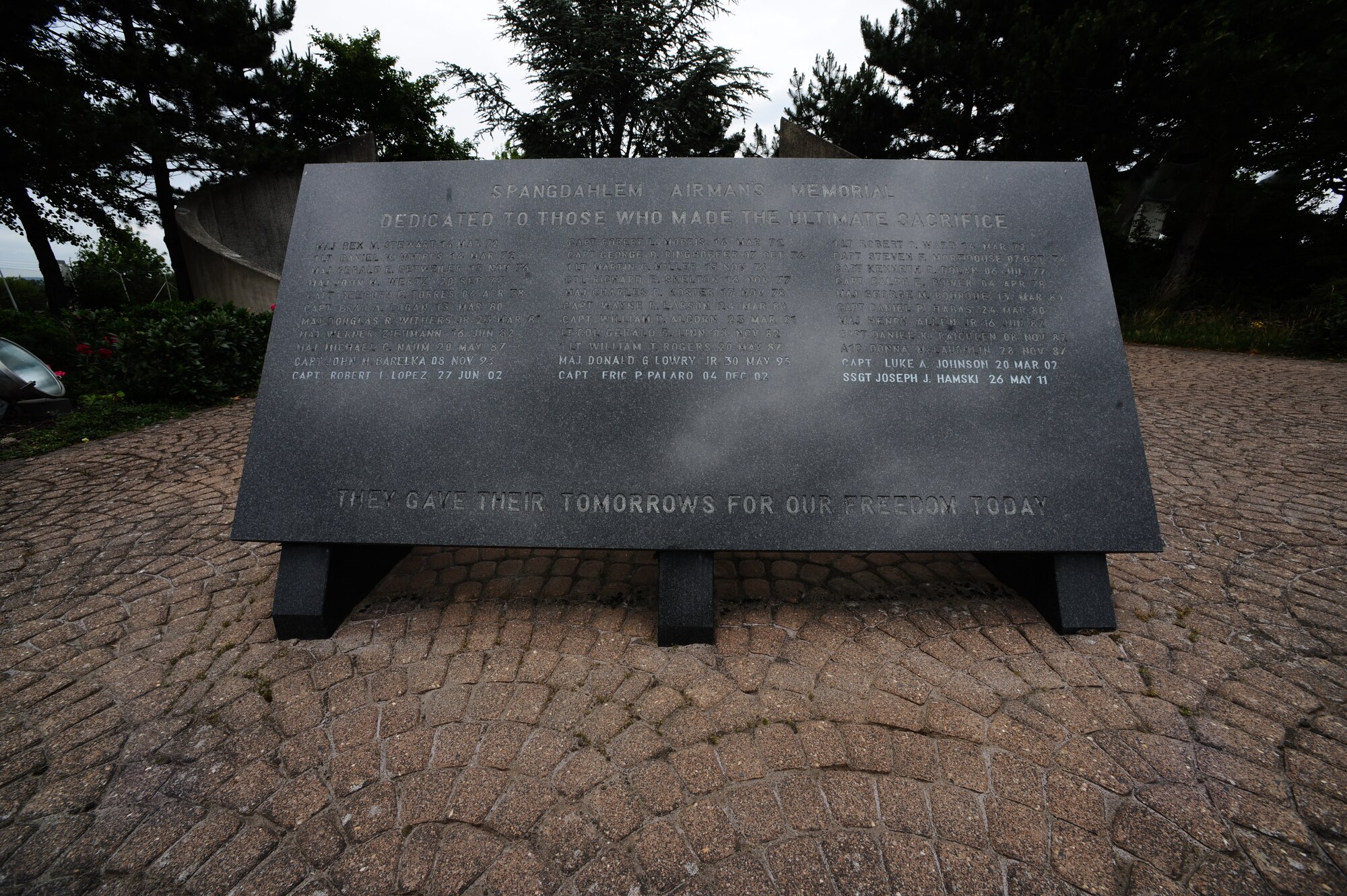 SPANGDAHLEM AIR BASE, Germany – The Spangdahlem Air Base Airman’s Memorial has the name of Staff Sgt. Joseph J. Hamski, 52nd Civil Engineer Squadron Explosive Ordnance Disposal Flight, engraved in his honor here June 16. Sergeant Hamski was killed in action May 26, 2011, in Shorabak, Afghanistan, while responding to a known enemy weapons cache. (U.S. Air Force photo/Senior Airman Nathanael Callon)