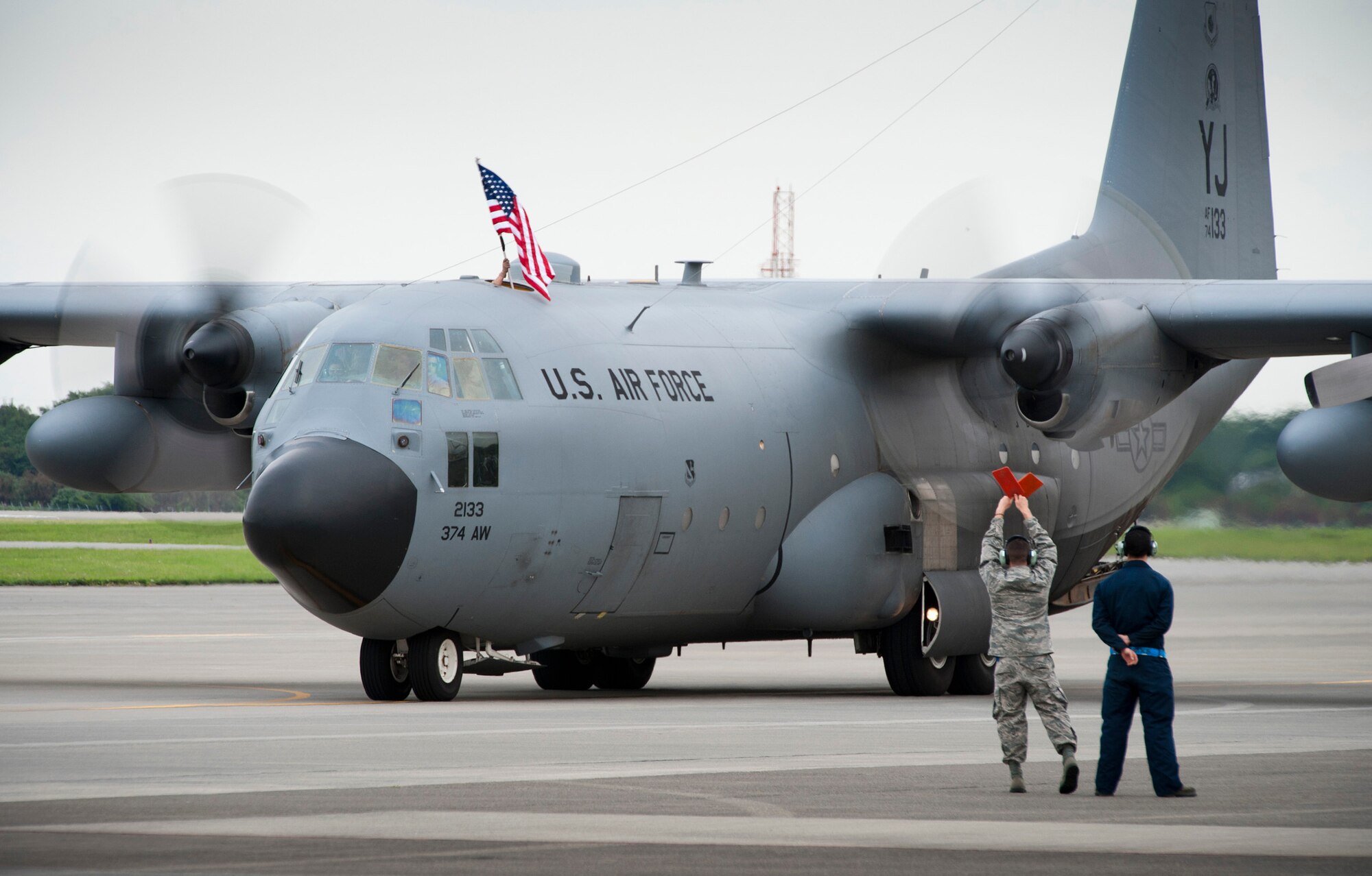 YOKOTA AIR BASE, Japan -- A C-130 Hercules comes to a stop at Yokota Air Base, Japan, June 15, 2011. The aircraft, along with members of the 36th Airlift Squadron, returned to Yokota after a four-month deployment to Southwest Asia. (U.S. Air Force photo/Staff Sgt. Samuel Morse)