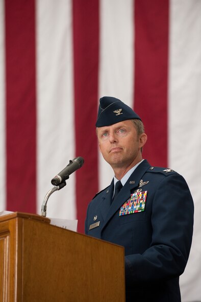 YOKOTA AIR BASE, Japan -- Col. David Gould II, incoming 374th Operations Group commander, gives a speech June 16, 2011, during an assumption of command ceremony at Yokota Air Base, Japan. (U.S. Air Force photo/Osakabe Yasuo)