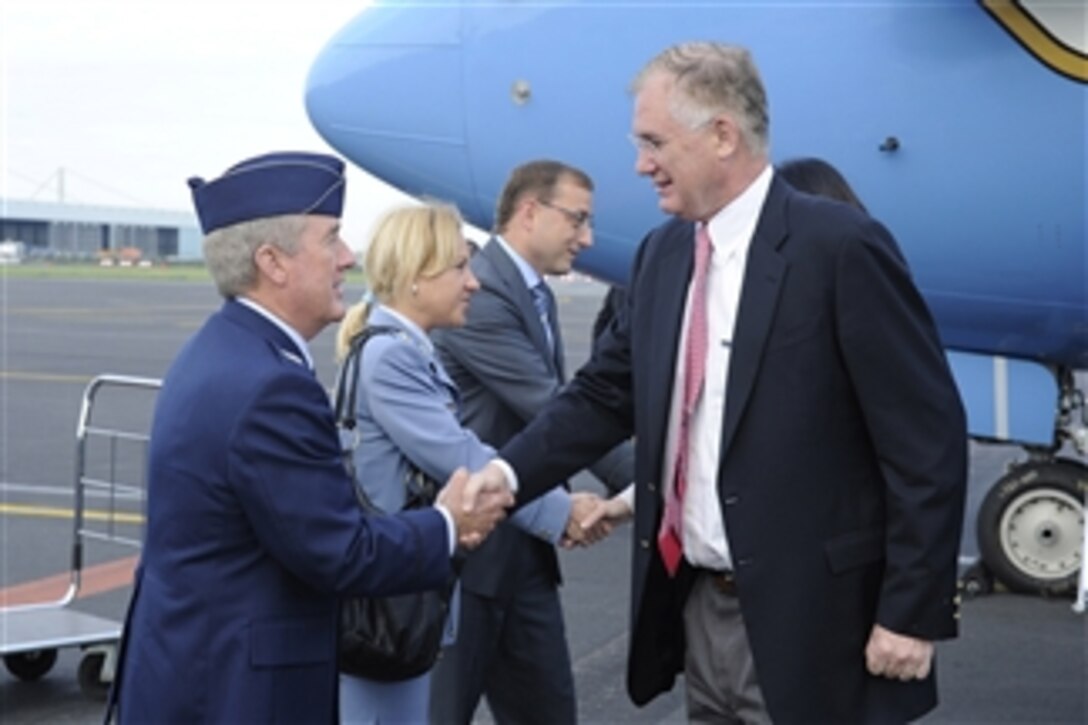 U.S. Embassy Defense Attache Air Force Col. Walter Scales greets Deputy Secretary of Defense William J. Lynn III after his arrival in Prague, Czech Republic, on June 15, 2011.  Lynn is in Prague to meet with U.S. Ambassador to the Czech Republic Norman Eisen and senior leaders of the Czech Ministry of Defense.  