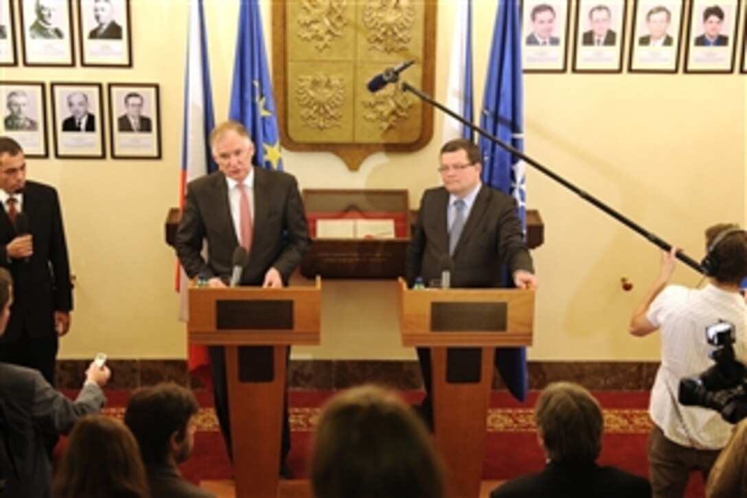 Deputy Secretary of Defense William J. Lynn III (left) and Czech Minister of Defense Alexandr Vondra conduct a joint press conference following their meeting at the Ministry of Defense in Prague, Czech Republic, on June 15, 2011.  