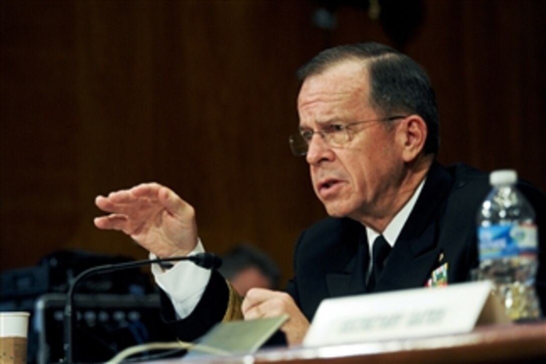 Chairman of the Joint Chiefs of Staff Adm. Mike Mullen testifies before the U.S. Senate Appropriations Committee's defense subcommittee on Capitol Hill in Washington, D.C., on June 15, 2011.  