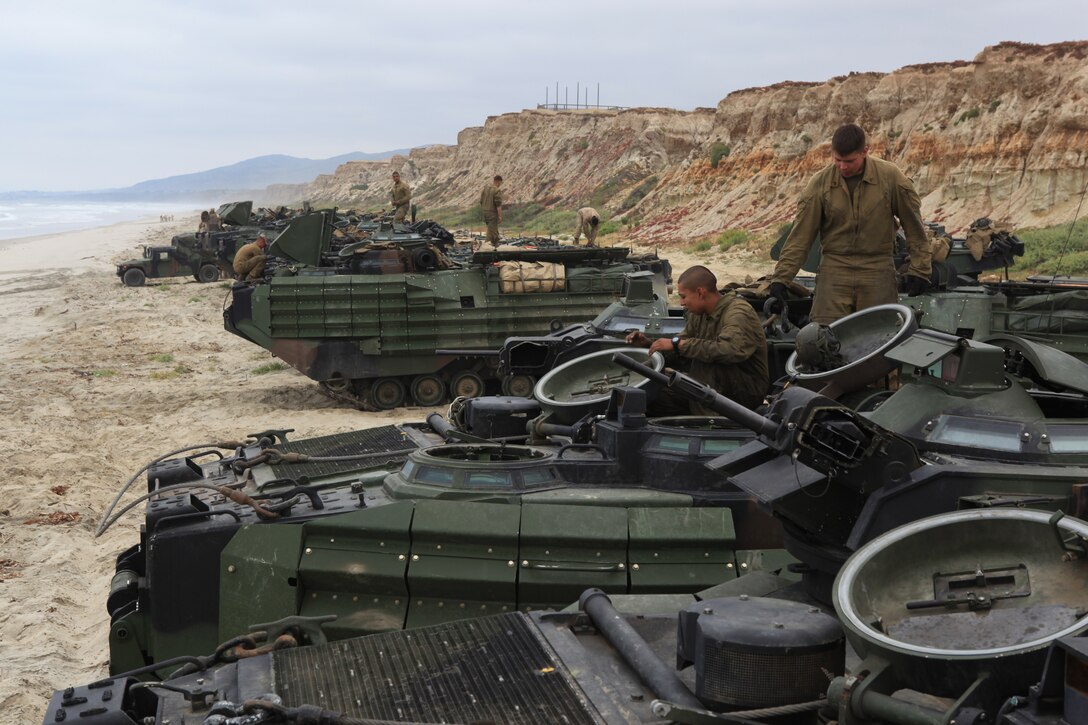 Marines with AAV platoon, Lima Company, Battalion Landing Team 3/1, 11th Marine Expeditionary Unit, conduct a training exercise on Red Beach here June 17.  The exercise is in preparation for the unit's upcoming deployment.