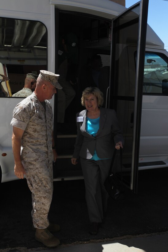 Brigadier Gen. Stacy Clardy III, the Combat Center’s commanding general, escorts Senator Jean Fuller, the California district 18 senator, around the co-generation plant during the senator’s first visit to the Installation June 17, 2011.::r::::n::
