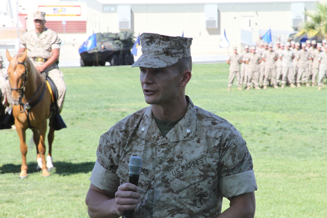 Incoming commander for 3rd Light Armored Reconnaissance Battalion, Lt. Col. Mark Clingan, tells his Marines and sailors he looks forward to making a difference with them during a change of command ceremony held at Lance Cpl. Torrey L. Gray Field June 17, 2011.::r::::n::